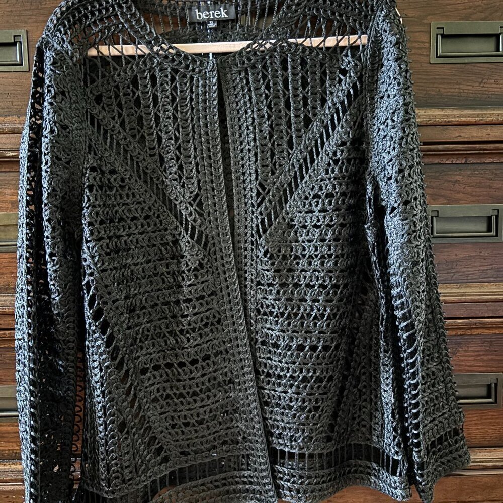 Vintage Berek black crochet button down sweater in size XL